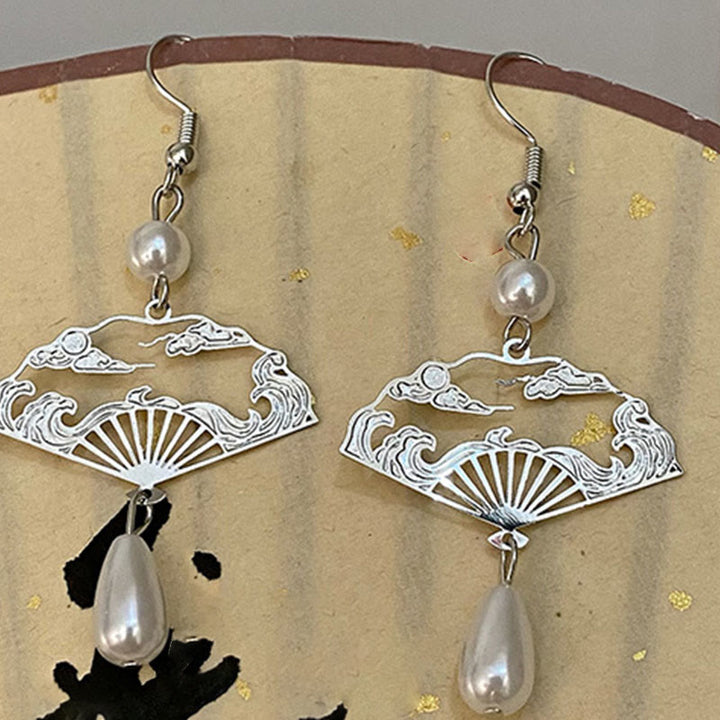 Buddha Stones Copper Fan Auspicious Clouds Pearl Healing Drop Earrings - image 11