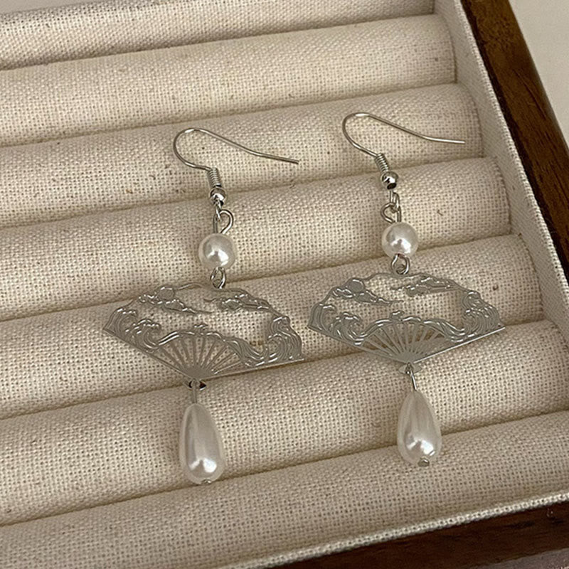 Buddha Stones Copper Fan Auspicious Clouds Pearl Healing Drop Earrings - image 4
