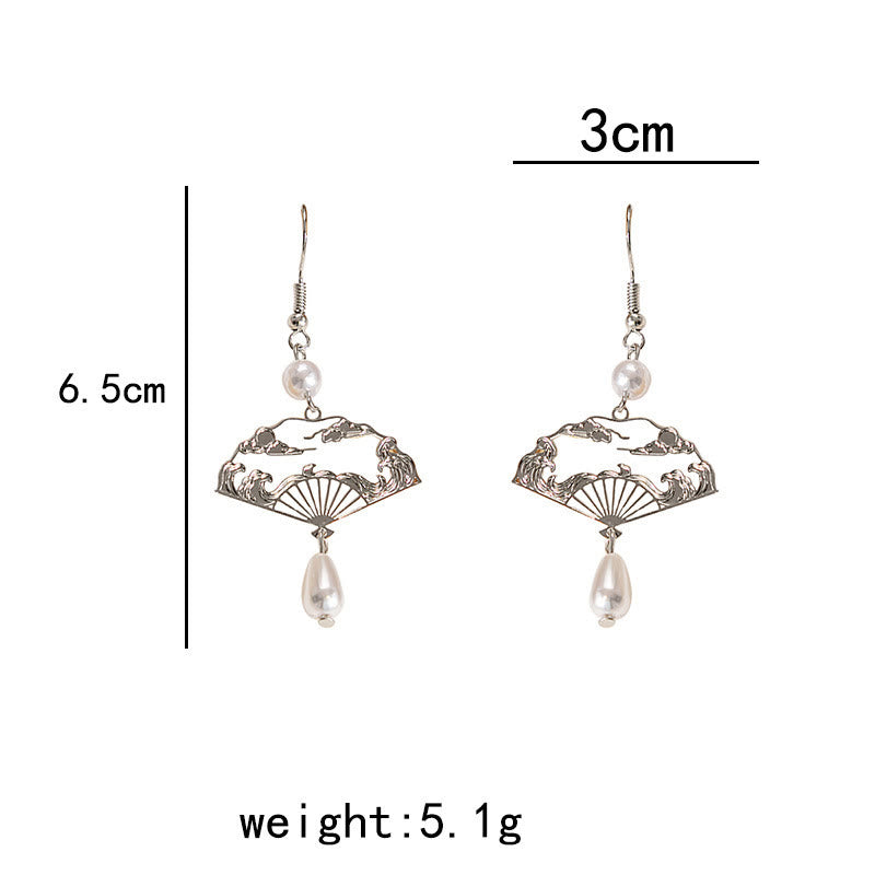 Buddha Stones Copper Fan Auspicious Clouds Pearl Healing Drop Earrings - image 12