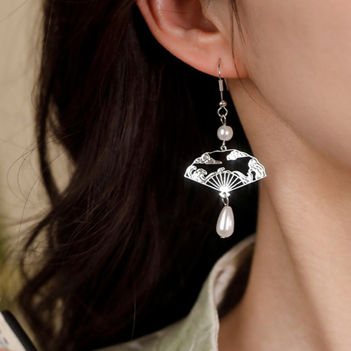 Buddha Stones Copper Fan Auspicious Clouds Pearl Healing Drop Earrings - image 8