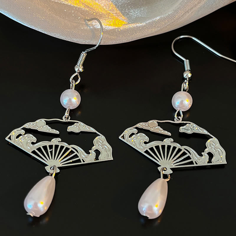 Buddha Stones Copper Fan Auspicious Clouds Pearl Healing Drop Earrings - image 1