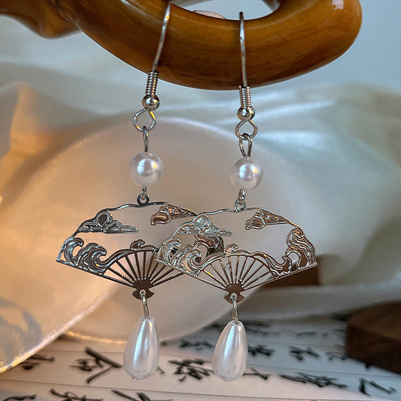 Buddha Stones Copper Fan Auspicious Clouds Pearl Healing Drop Earrings - image 3