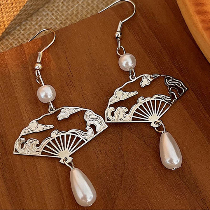 Buddha Stones Copper Fan Auspicious Clouds Pearl Healing Drop Earrings - Fan Auspicious Clouds(Copper Posts) - image 0