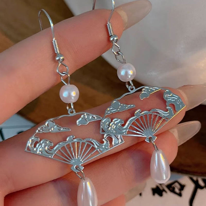 Buddha Stones Copper Fan Auspicious Clouds Pearl Healing Drop Earrings - image 10