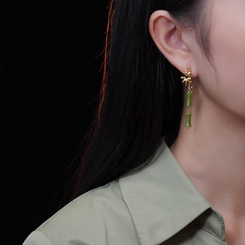 Buddha Stones 925 Sterling Silver Posts Copper Plated Gold Natural Peridot Bamboo Leaf Drop Earrings - image 5