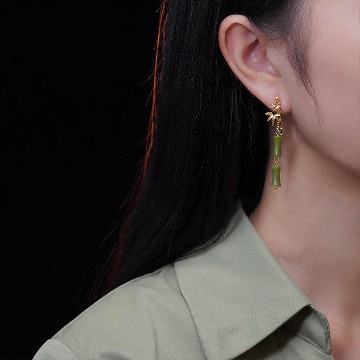 Buddha Stones 925 Sterling Silver Posts Copper Plated Gold Natural Peridot Bamboo Leaf Drop Earrings - image 5