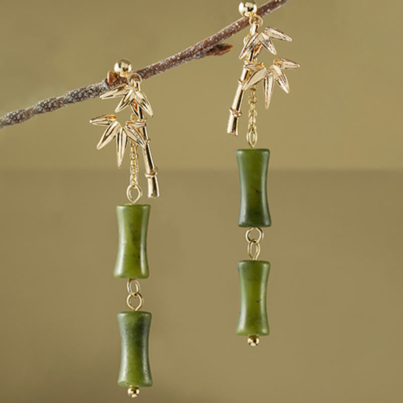 Buddha Stones 925 Sterling Silver Posts Copper Plated Gold Natural Peridot Bamboo Leaf Drop Earrings - image 6
