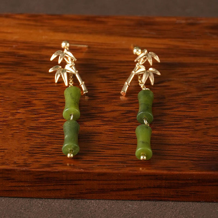 Buddha Stones 925 Sterling Silver Posts Copper Plated Gold Natural Peridot Bamboo Leaf Drop Earrings - image 2