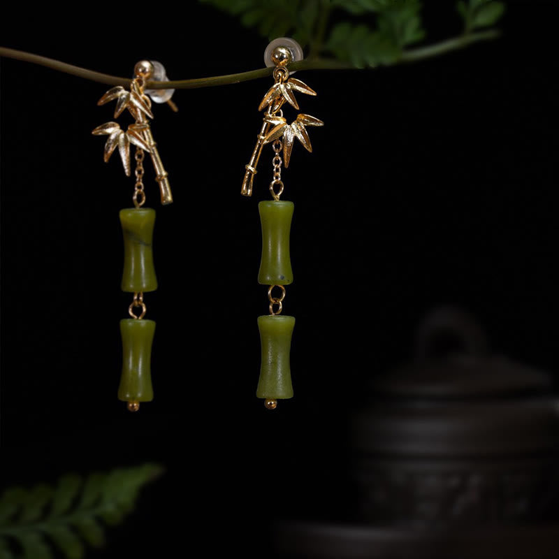 Buddha Stones 925 Sterling Silver Posts Copper Plated Gold Natural Peridot Bamboo Leaf Drop Earrings - image 4