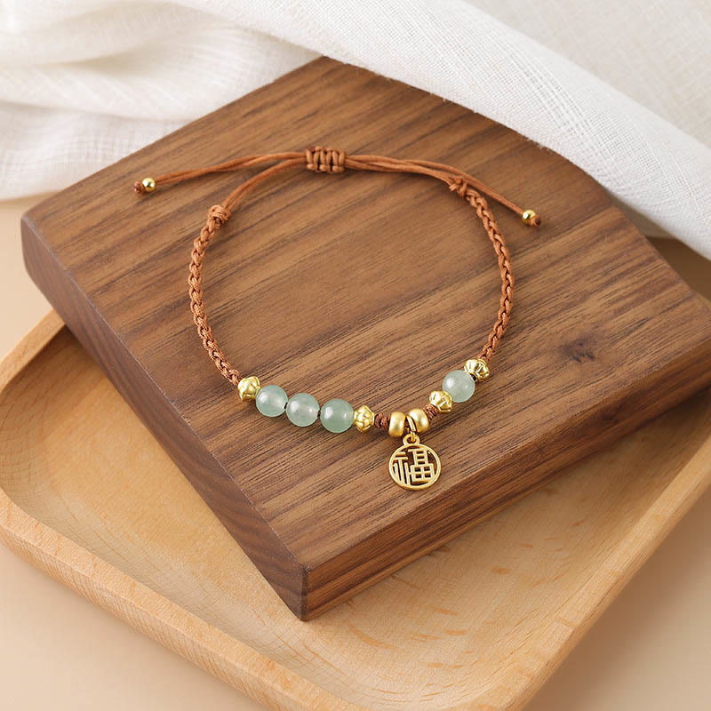 Buddha Stones Jade Beads Fu Character Blessing Rope Bracelet - Jade&Fu Character(Wrist Circumference 14-18cm) - image 0