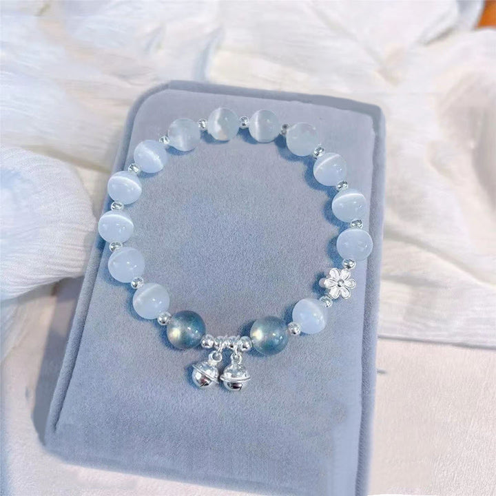 Buddha Stones Cat's Eye Crystal Peach Blossom Bell Fu Character Charm Support Bracelet - Cat's Eye&Moonstone(Wrist Circumference 14-16cm) - image 0