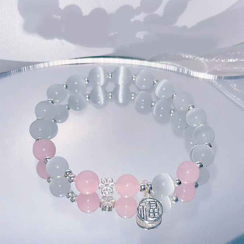 Buddha Stones Cat's Eye Crystal Peach Blossom Bell Fu Character Charm Support Bracelet - Cat's Eye&Pink Crystal(Wrist Circumference 14-16cm) - image 3