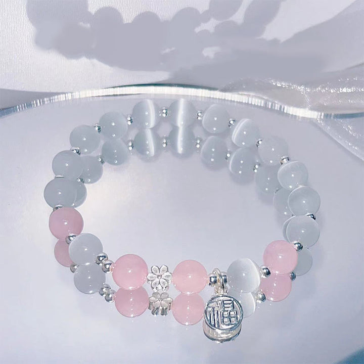 Buddha Stones Cat's Eye Crystal Peach Blossom Bell Fu Character Charm Support Bracelet - Cat's Eye&Pink Crystal(Wrist Circumference 14-16cm) - image 3