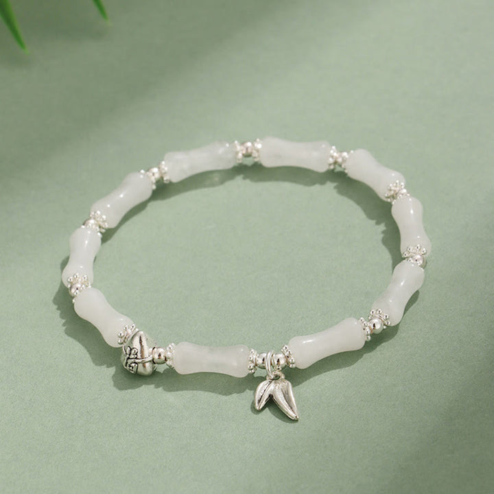 Buddha Stones Peridot White Jade Strawberry Quartz Green Aventurine Bamboo Fu Character Luck Bracelet - White Jade(Wrist Circumference 14-16cm) - image 5