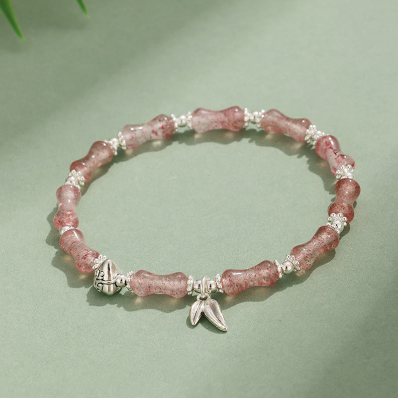 Buddha Stones Peridot White Jade Strawberry Quartz Green Aventurine Bamboo Fu Character Luck Bracelet - Strawberry Quartz(Wrist Circumference 14-16cm) - image 9