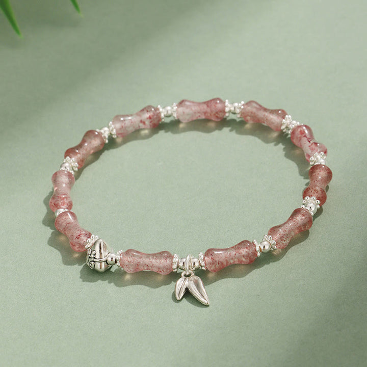 Buddha Stones Peridot White Jade Strawberry Quartz Green Aventurine Bamboo Fu Character Luck Bracelet - Strawberry Quartz(Wrist Circumference 14-16cm) - image 9