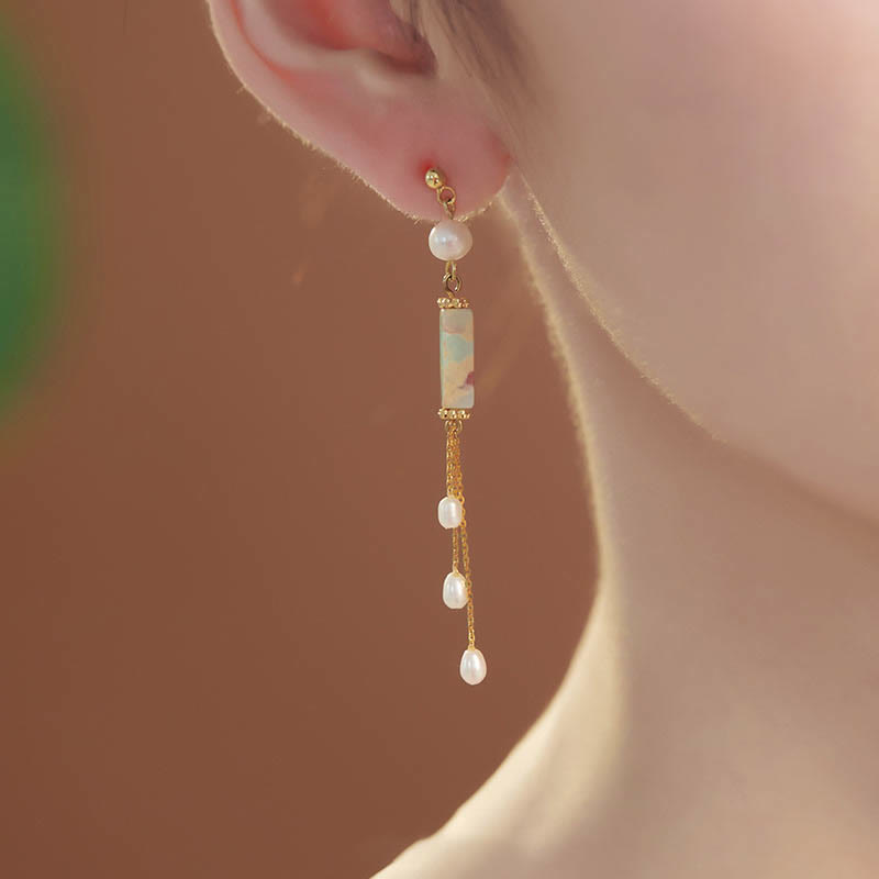 Buddha Stones 925 Sterling Silver Posts Shoushan Stone Pearl Healing Drop Earrings - image 2