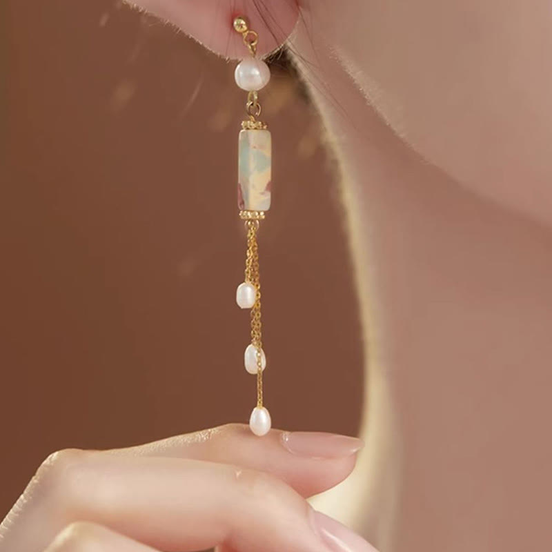 Buddha Stones 925 Sterling Silver Posts Shoushan Stone Pearl Healing Drop Earrings - image 3