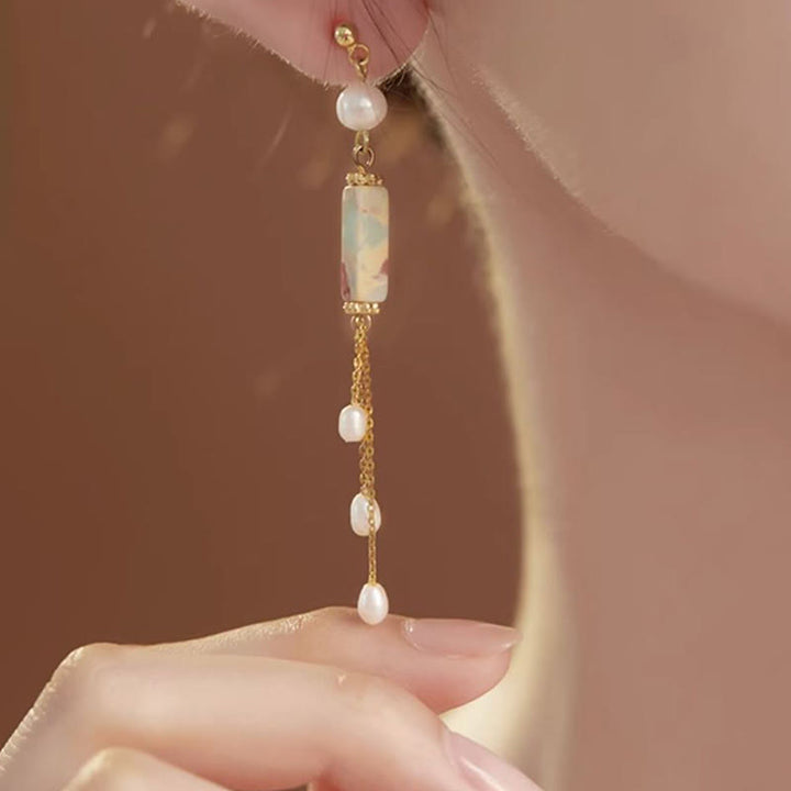Buddha Stones 925 Sterling Silver Posts Shoushan Stone Pearl Healing Drop Earrings - image 3