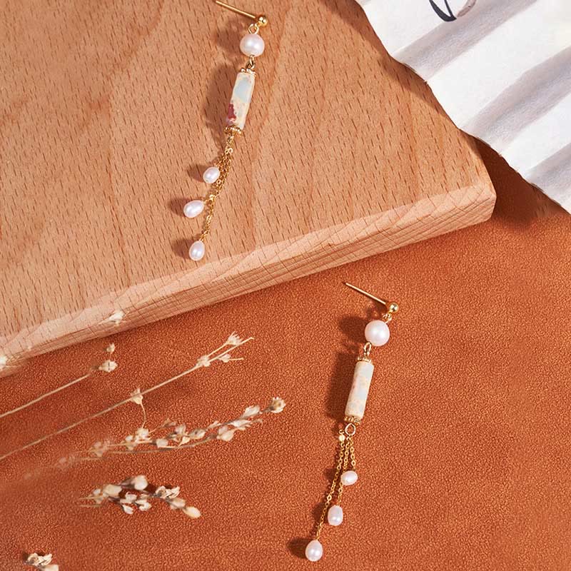 Buddha Stones 925 Sterling Silver Posts Shoushan Stone Pearl Healing Drop Earrings - image 1
