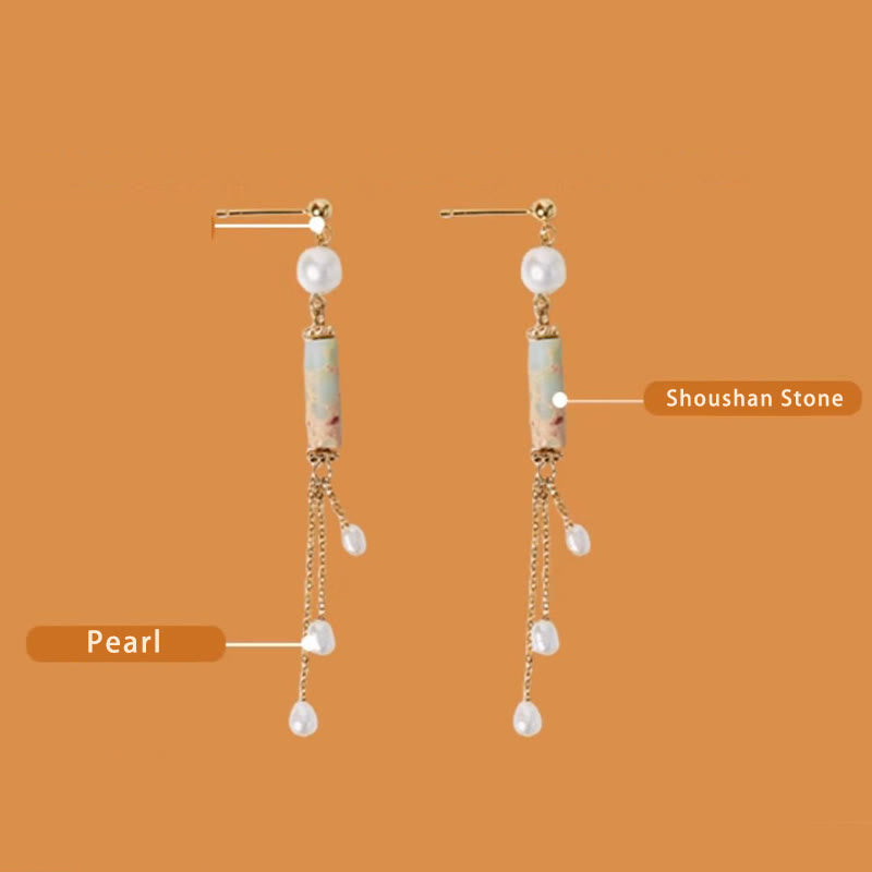 Buddha Stones 925 Sterling Silver Posts Shoushan Stone Pearl Healing Drop Earrings - image 8