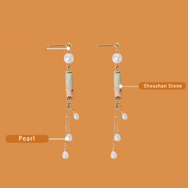 Buddha Stones 925 Sterling Silver Posts Shoushan Stone Pearl Healing Drop Earrings - image 8
