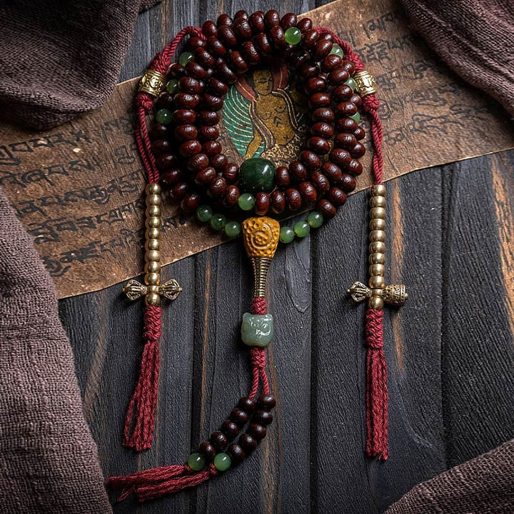 Buddha Stones Natural Tibet 108 Mala Beads Purple Bodhi Seed Hetian Cyan Jade Copper Dorje Peace Bracelet - Non-Elastic Cotton Rope - 9mm - image 0