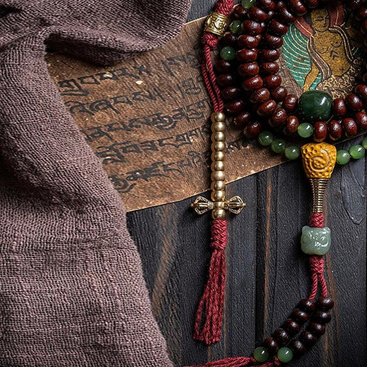 Buddha Stones Natural Tibet 108 Mala Beads Purple Bodhi Seed Hetian Cyan Jade Copper Dorje Peace Bracelet - image 4
