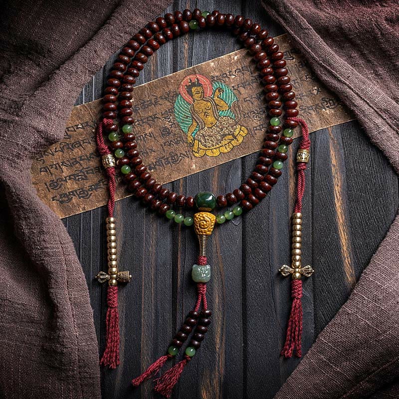 Buddha Stones Natural Tibet 108 Mala Beads Purple Bodhi Seed Hetian Cyan Jade Copper Dorje Peace Bracelet - image 1