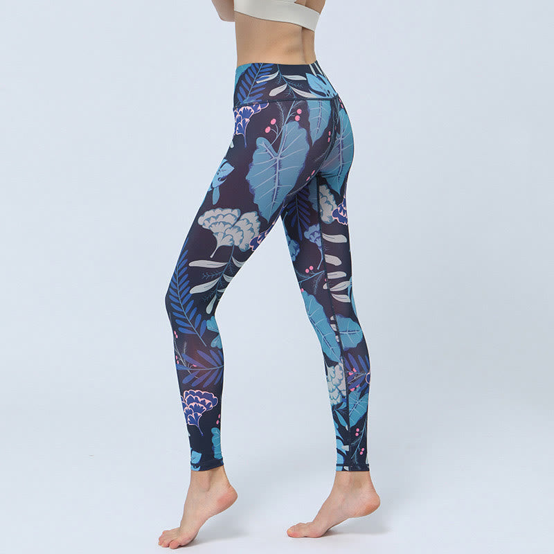 Buddha Stones Leaves Print Sports Fitness Yoga High Waist Leggings Women's Yoga Pants - Dark Blue Leaves - US8-10，UK/AU12-14，EU40-42 (XL) - image 10
