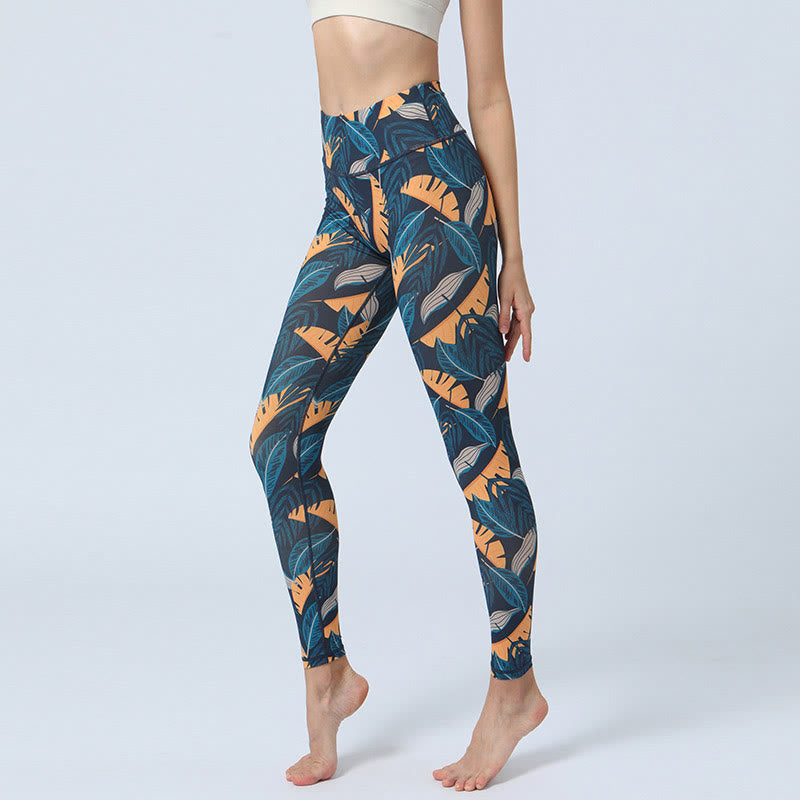 Buddha Stones Leaves Print Sports Fitness Yoga High Waist Leggings Women's Yoga Pants - Orange Blue Leaves - US8-10，UK/AU12-14，EU40-42 (XL) - image 13