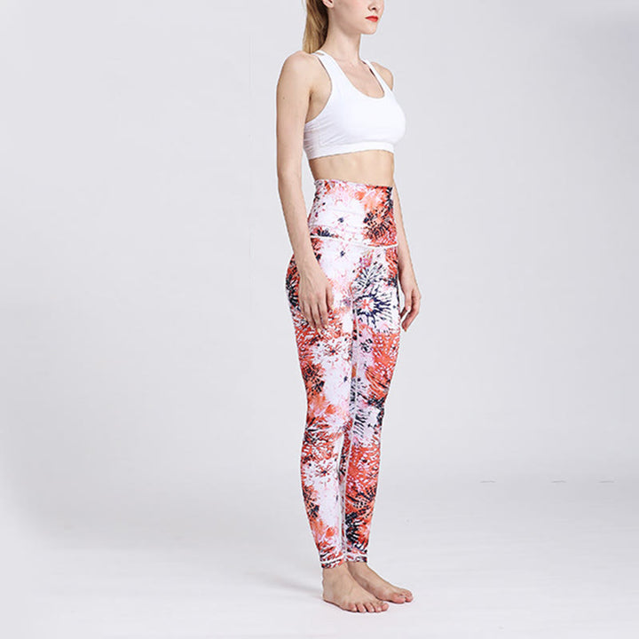 Buddha Stones Red Pink Flowers Print Sports Fitness Yoga High Waist Leggings Women's Yoga Pants - image 5