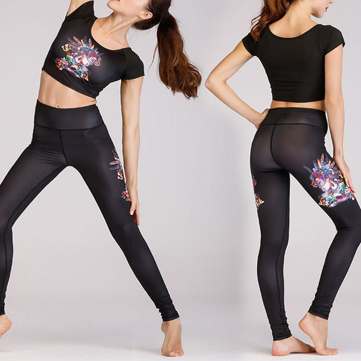 Buddha Stones 2Pcs Undersea World Mysterious Girl Gradient Color Print Top Pants Sports Fitness Yoga Women's Yoga Sets - Mysterious Girl Black - US12，UK/AU16，EU44 (XL)  - image 3