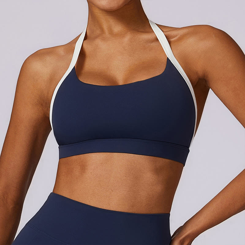 Buddha Stones Solid Color Halter Neck Bra Long Sleeve Crop Tank Top Pants Sports Fitness Gym Yoga Outfits - Dark Blue - Bra - US6，UK/AU10，EU38 (XL) - image 1