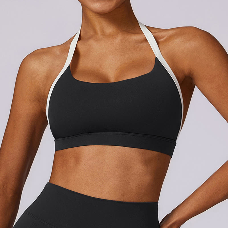 Buddha Stones Solid Color Halter Neck Bra Long Sleeve Crop Tank Top Pants Sports Fitness Gym Yoga Outfits - Black - Bra - US6，UK/AU10，EU38 (XL) - image 18