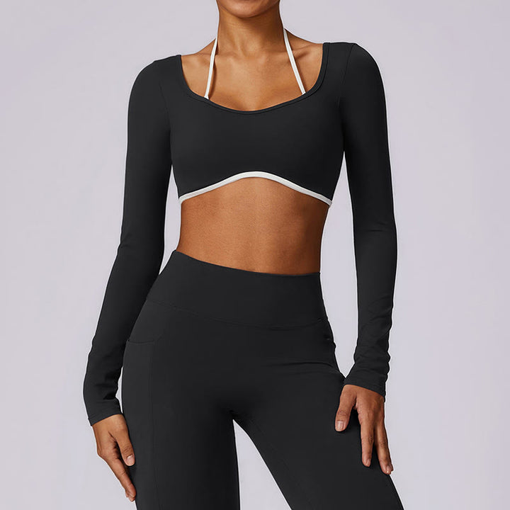 Buddha Stones Solid Color Halter Neck Bra Long Sleeve Crop Tank Top Pants Sports Fitness Gym Yoga Outfits - Black - Long Sleeve Crop Top(Top Only) - US6，UK/AU10，EU38 (XL) - image 24