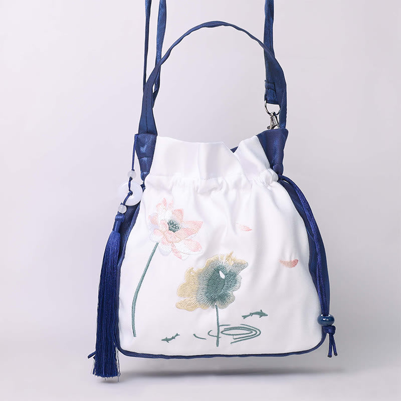 Buddha Stones Embroidered Lotus Koi Fish Crane Camellia Cotton Linen Tote Crossbody Bag Shoulder Bag Handbag - image 6