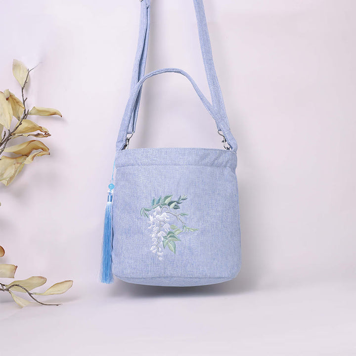Buddha Stones Embroidery Wisteria Plum Lotus Cherry Blossom Cotton Linen Canvas Tote Crossbody Bag Shoulder Bag Handbag - image 7
