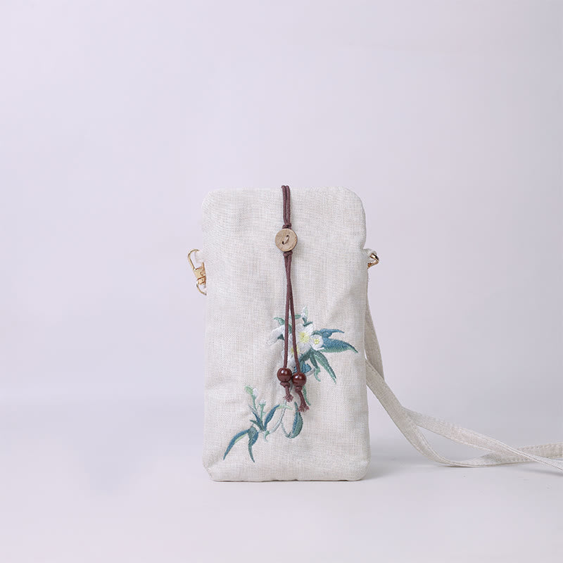 Buddha Stones Small Embroidered Flowers Crossbody Bag Shoulder Bag Cellphone Bag 11*20cm - Beige Pear Flower 11*20cm - image 13