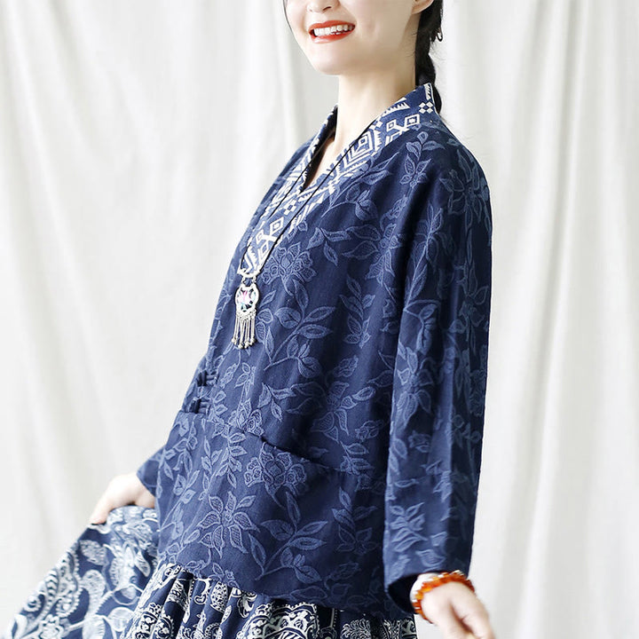 Buddha Stones Flower Jacquard V-Neck Long Sleeve Jacket - image 16