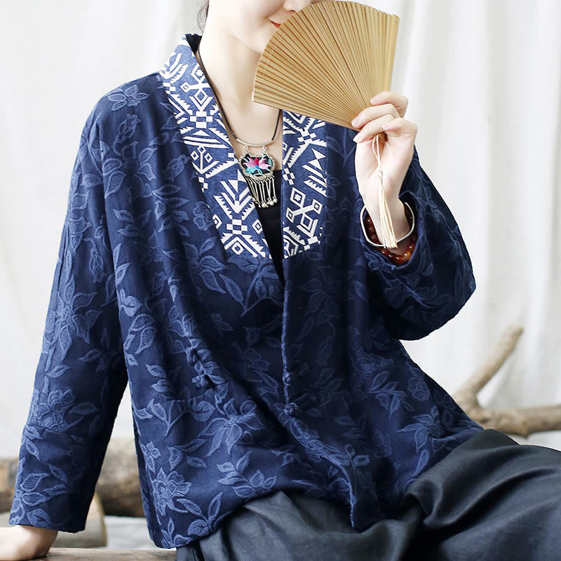 Buddha Stones Flower Jacquard V-Neck Long Sleeve Jacket - image 24