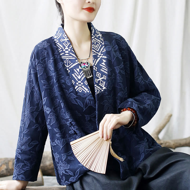 Buddha Stones Flower Jacquard V-Neck Long Sleeve Jacket - image 23