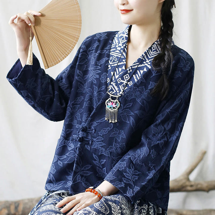 Buddha Stones Flower Jacquard V-Neck Long Sleeve Jacket - image 27