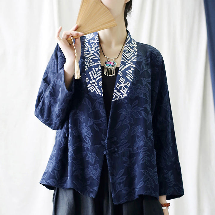 Buddha Stones Flower Jacquard V-Neck Long Sleeve Jacket - image 5