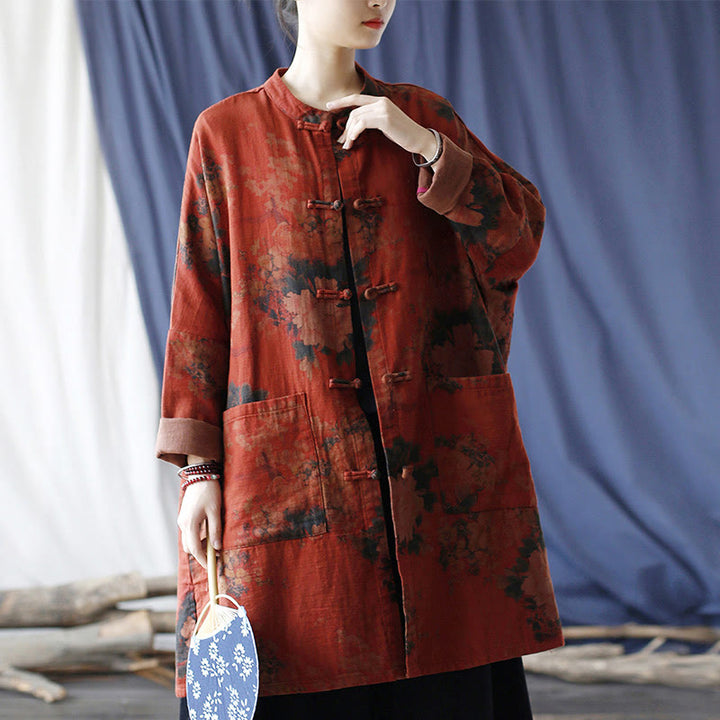 Buddha Stones Orange Peony Flower Cotton Linen Frog-Button Open Front Jacket With Pockets - image 1