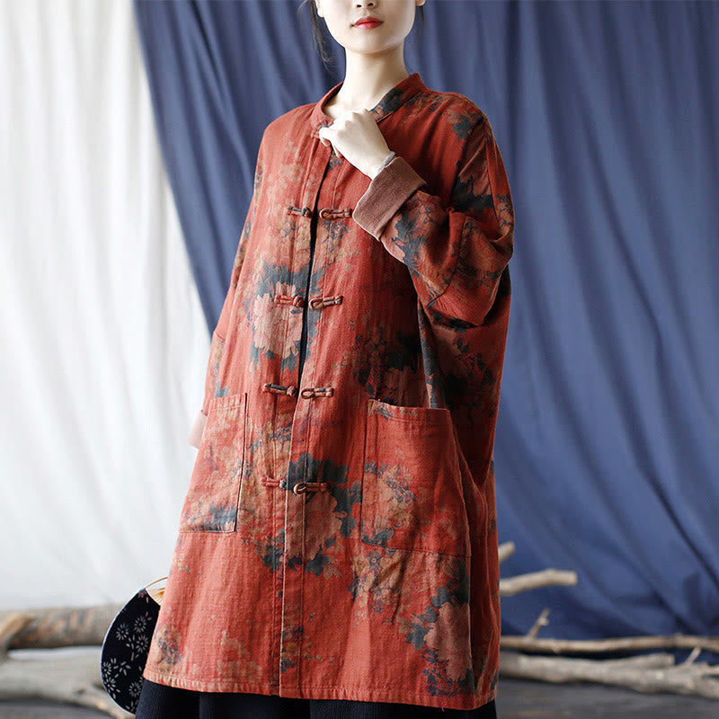 Buddha Stones Orange Peony Flower Cotton Linen Frog-Button Open Front Jacket With Pockets - image 6