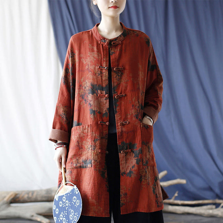 Buddha Stones Orange Peony Flower Cotton Linen Frog-Button Open Front Jacket With Pockets - image 16