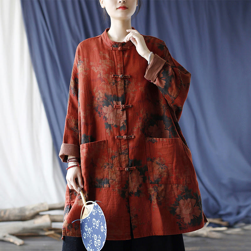 Buddha Stones Orange Peony Flower Frog-Button Open Front Jacket With Pockets - image 22