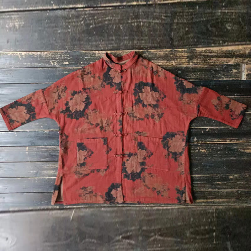 Buddha Stones Orange Peony Flower Cotton Linen Frog-Button Open Front Jacket With Pockets - image 13