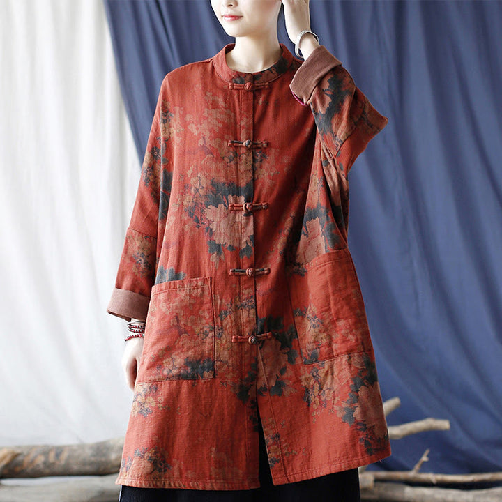 Buddha Stones Orange Peony Flower Cotton Linen Frog-Button Open Front Jacket With Pockets - image 15